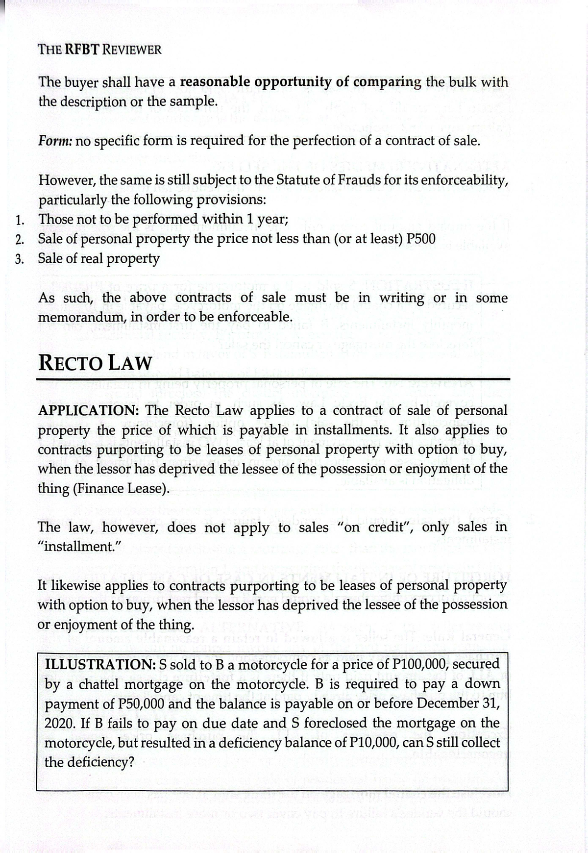 RFBT 101: Comprehensive Review on Contracts of Sale and Recto Law - Studocu