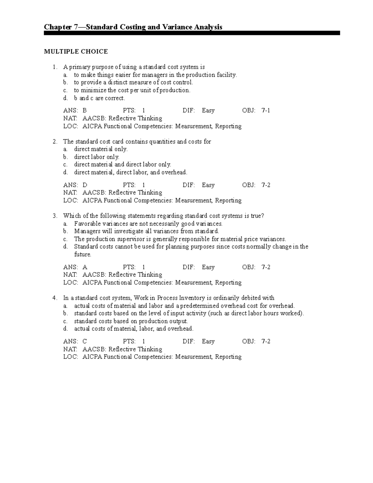 Chapter 7: Standard Costing and Variance Analysis MCQs - Studocu