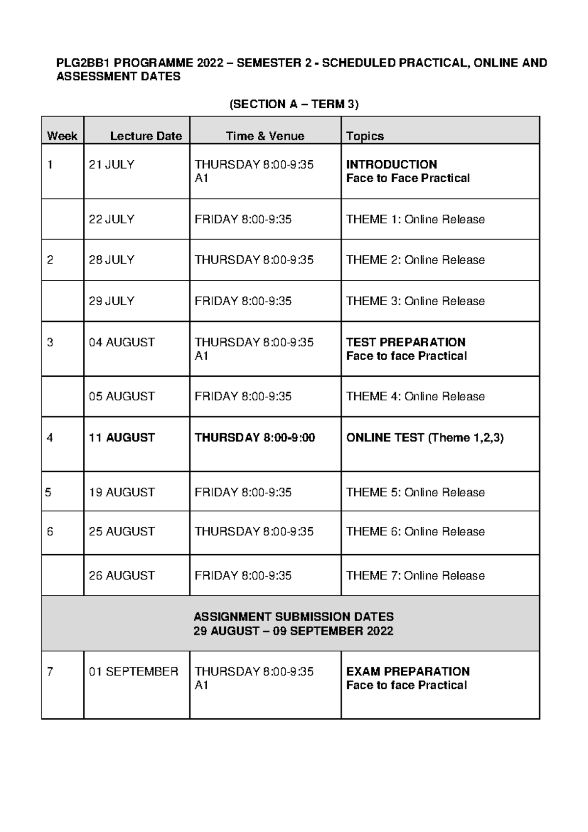 PLG2B Practical & Assessment Dates for Semester 2 (2022) - Studocu