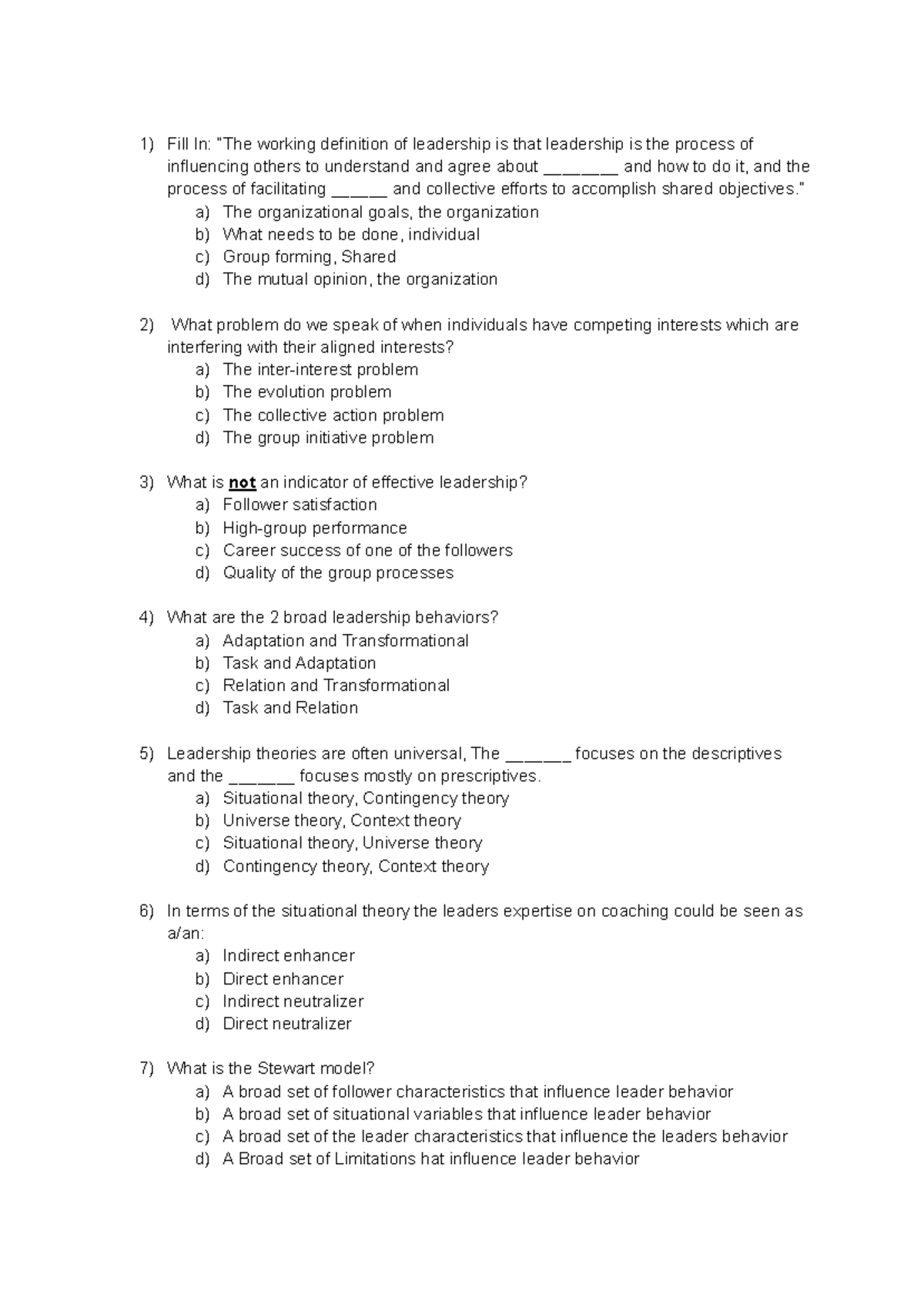 Possible Exam Questions for Leadership & Communication (L&C) - Studeersnel