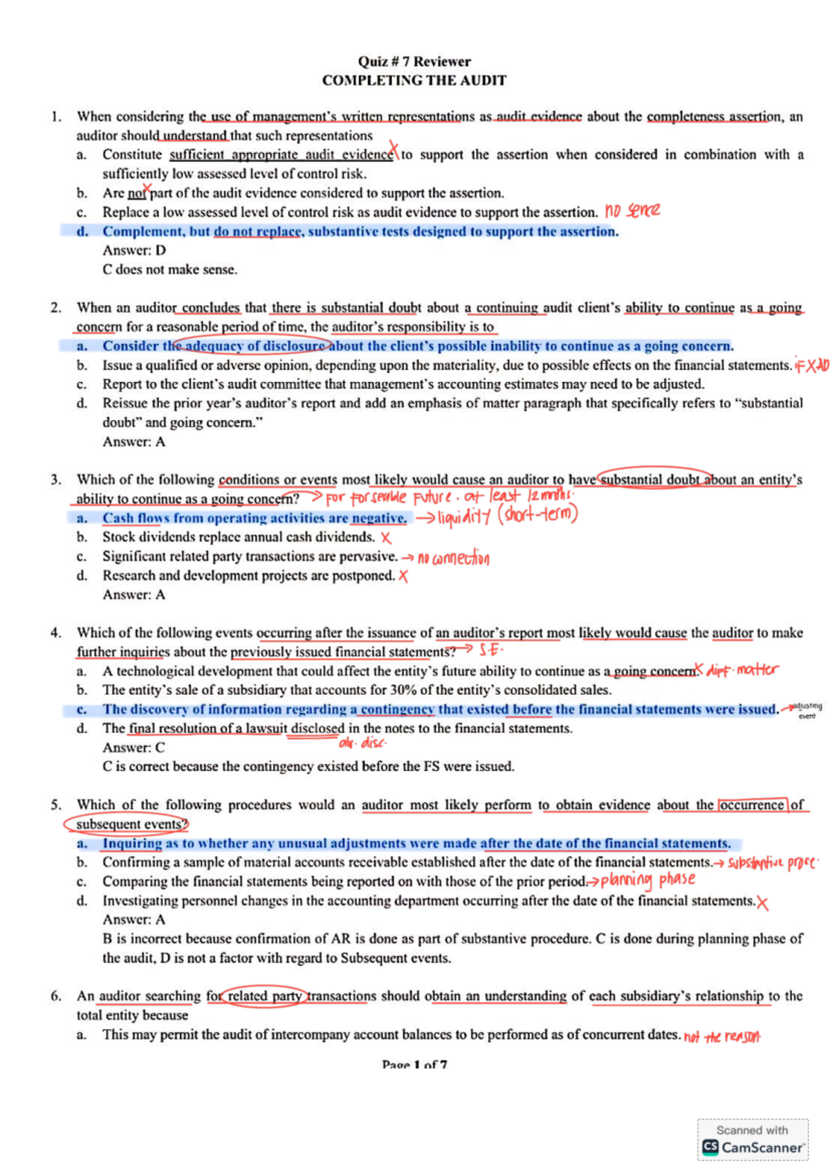 Quiz 7 Reviewer: Audit Completion Notes and Key Concepts - Studocu