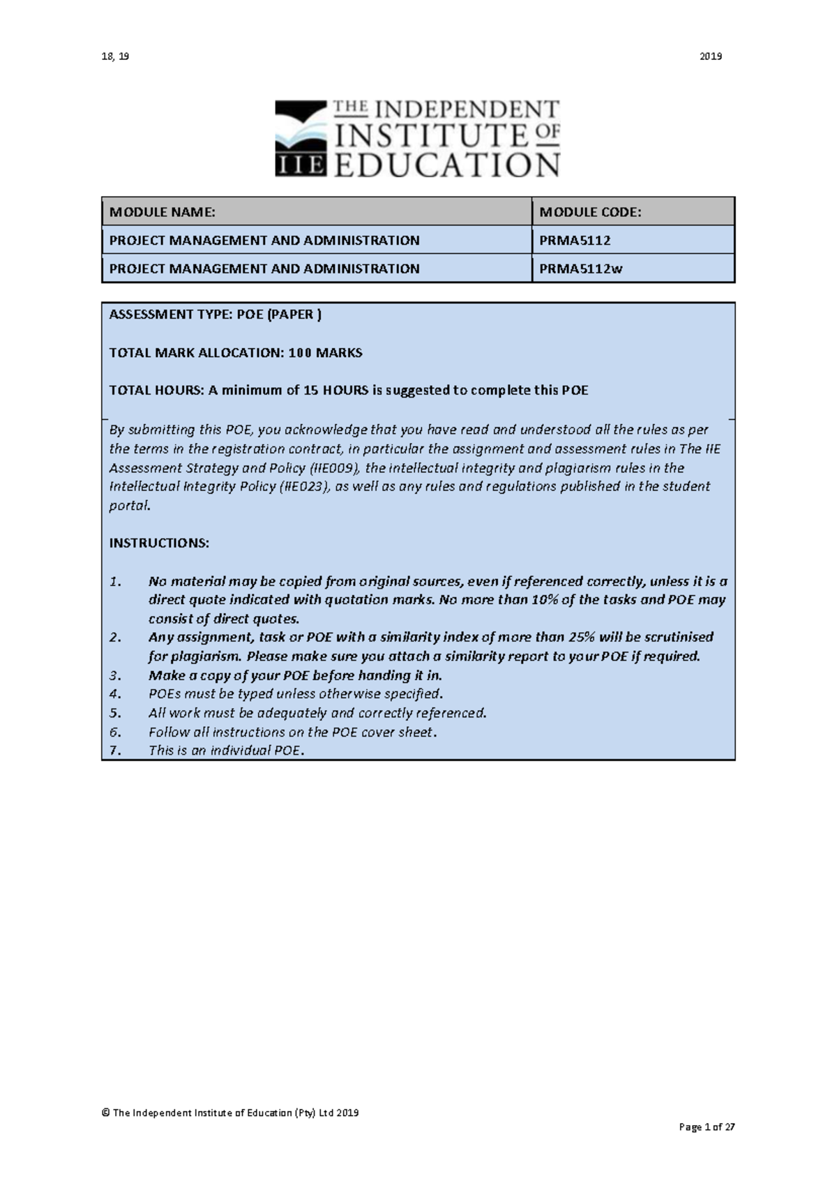 Final Exam: Assignment 1 - Project Management & Administration ...