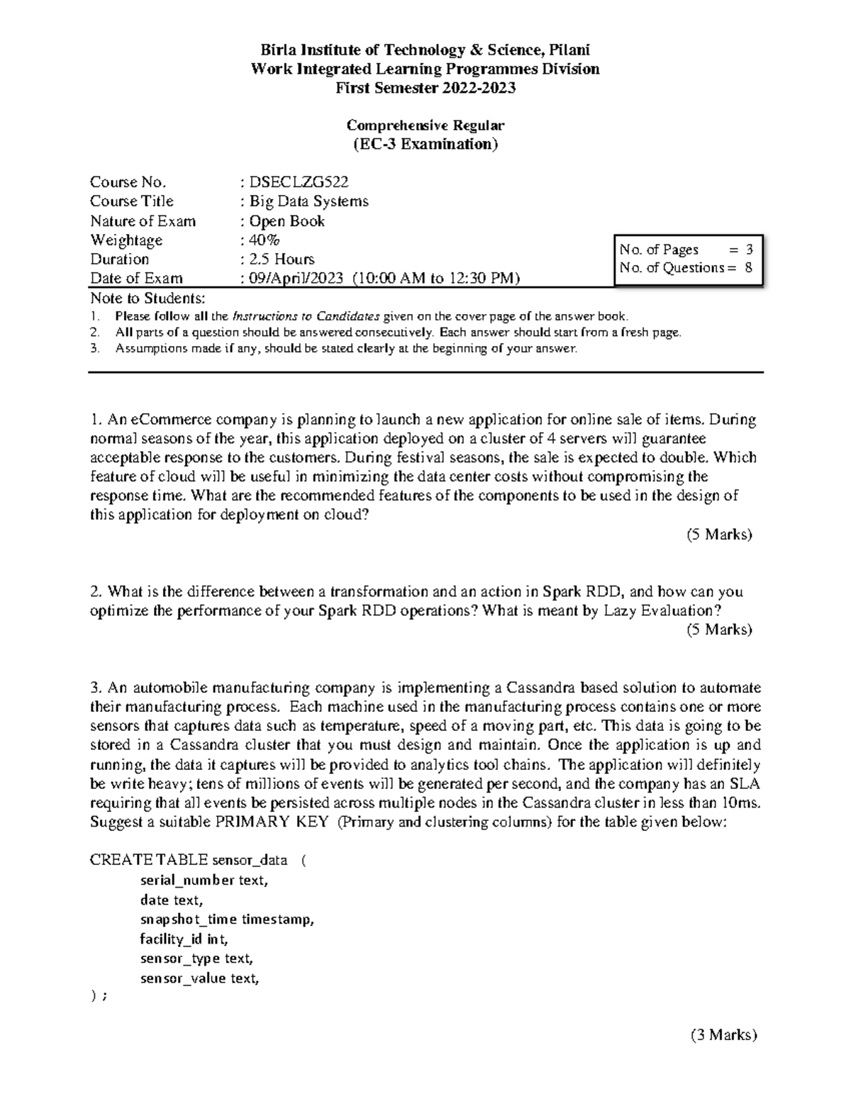 BDS522: Comprehensive Exam on Big Data Systems - April 2023 - Studocu