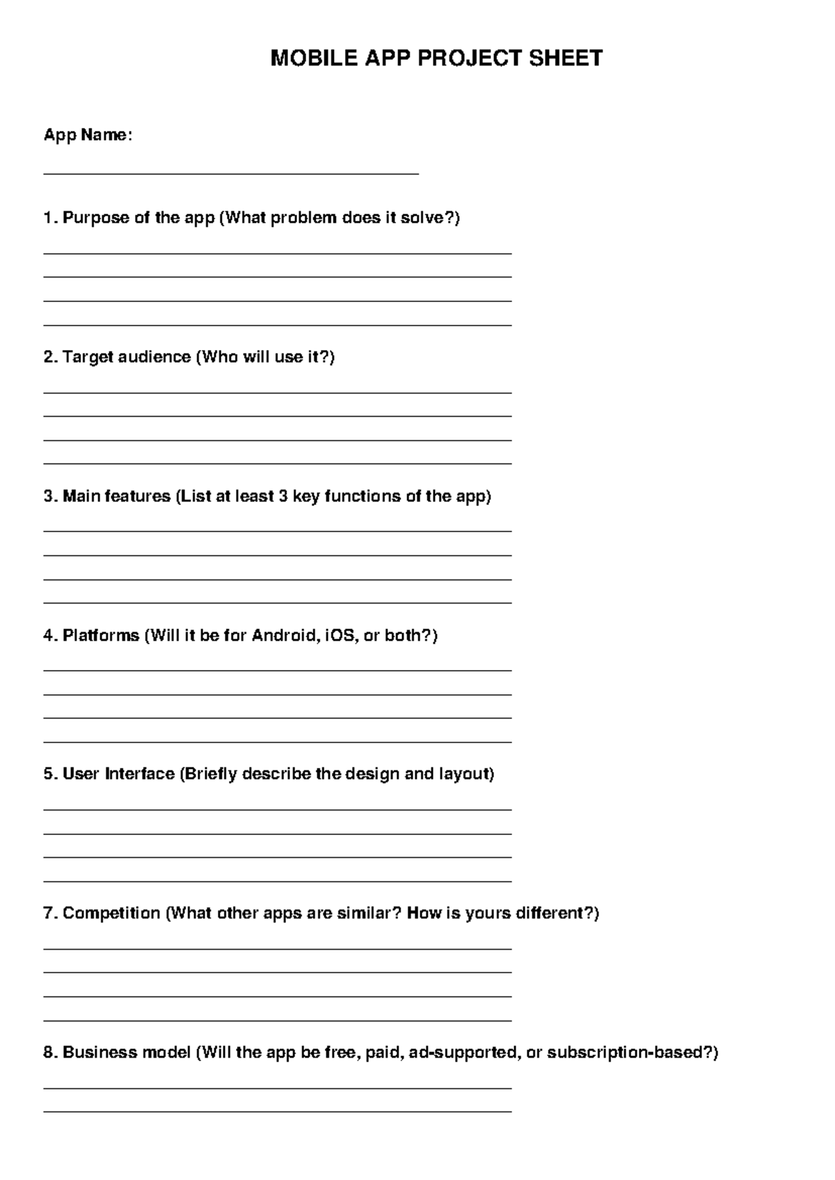 MOBILE APP PROJECT SHEET: Key Features & Business Model - Studocu