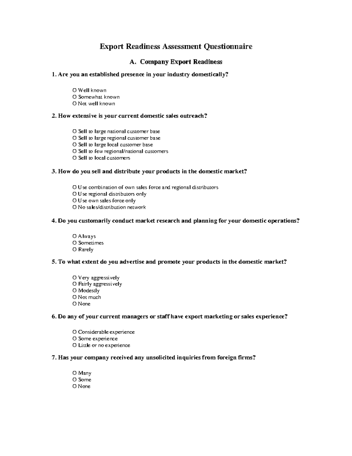 Export Readiness Assessment - Questionnaire & Report Analysis - Studocu