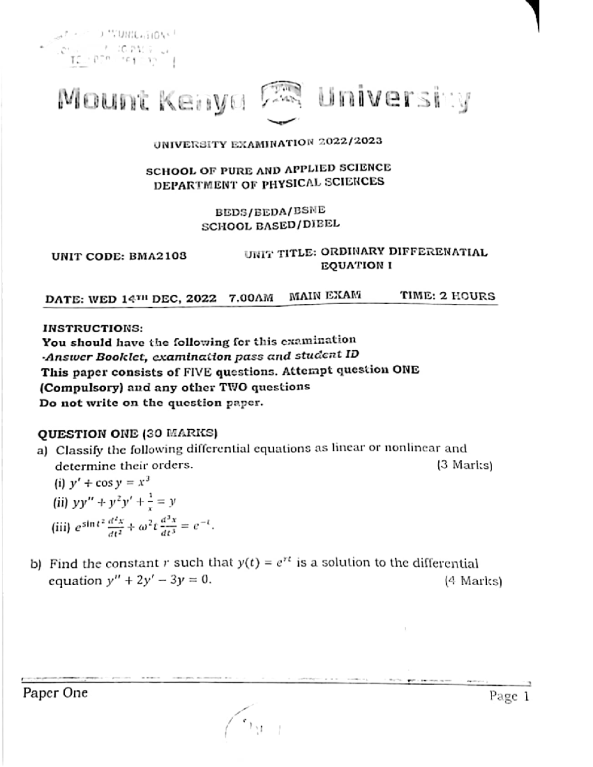 ODE Questions 1 - Practice Material & Past Papers for Exam Revision ...