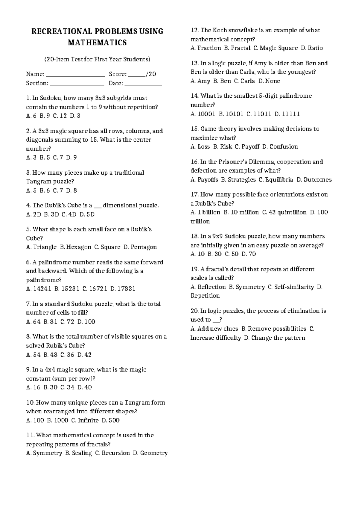 Recreational Math Puzzles Test for First Year Students (MATH 12) - Studocu