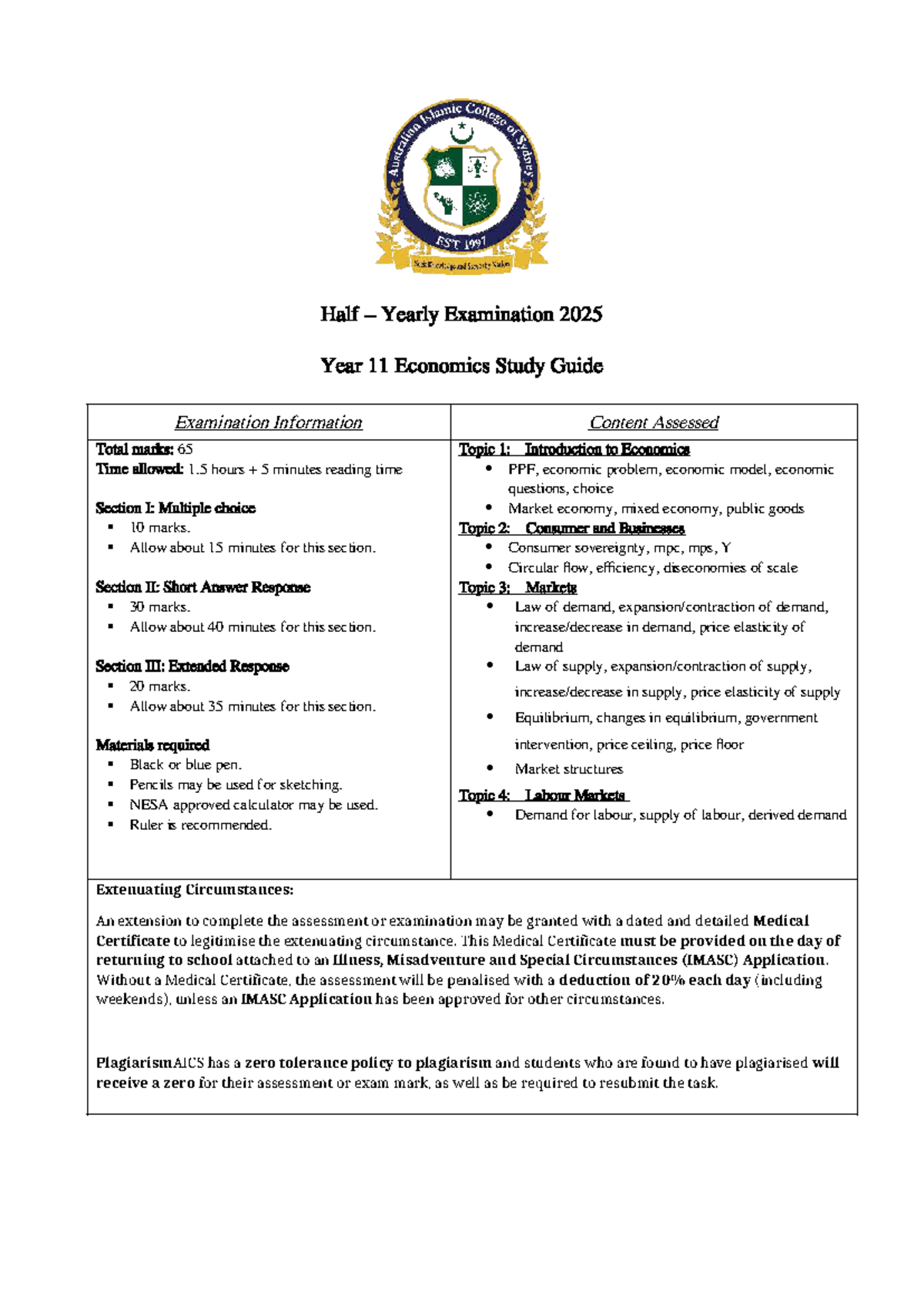 Year 11 Economics Half Yearly Exam Study Guide 2025 - Studocu