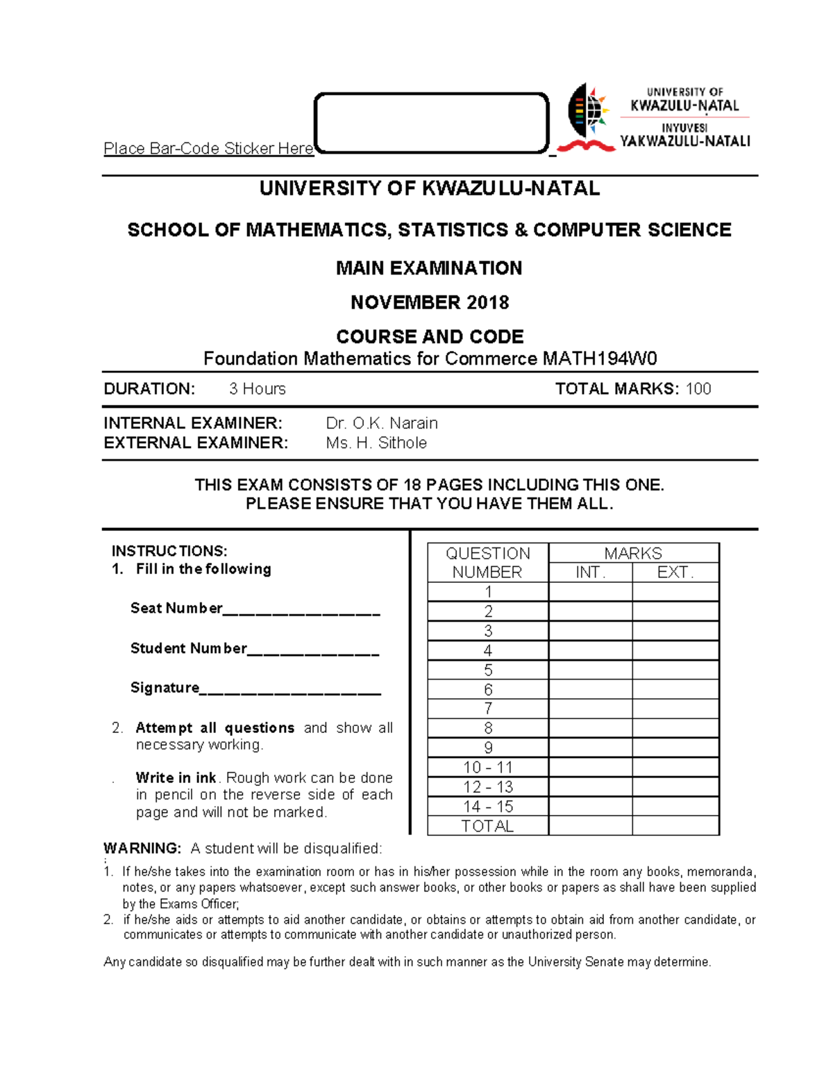 Math194W0 2018 Foundation Mathematics Main Exam - Studocu