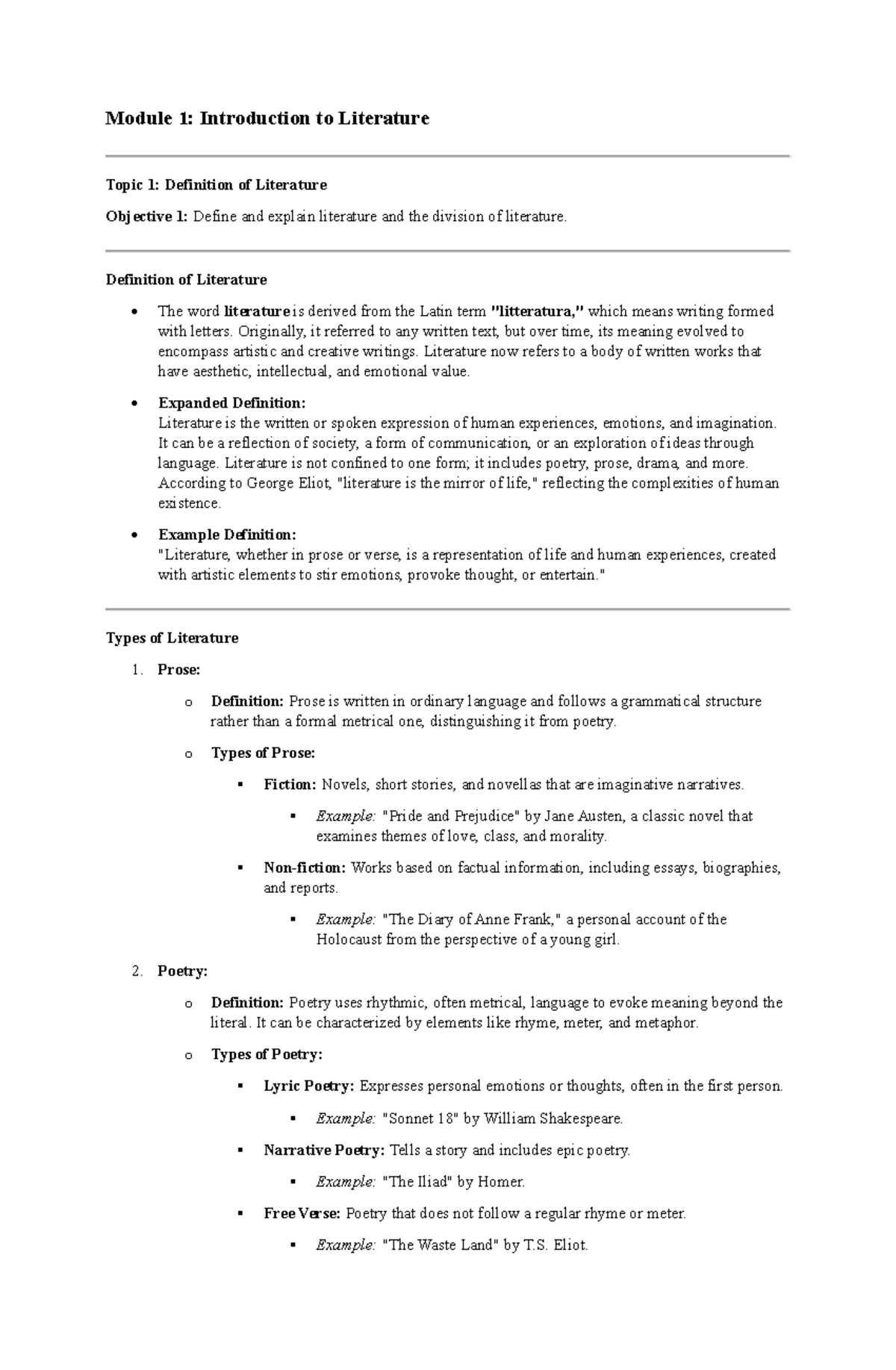 Module 1: Introduction to Literature and Key Concepts - Studocu