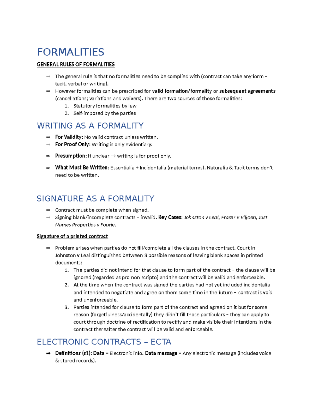 Formalities in Contracts: General Rules & Key Cases (LAW 101) - Studocu