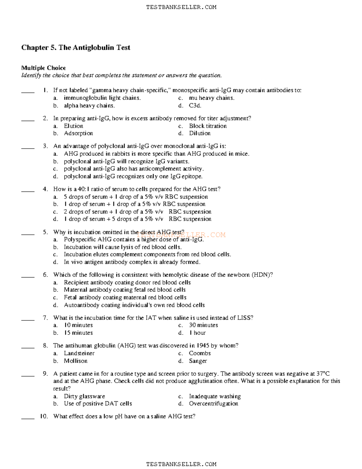 Ch05 - Blood bank test - T E S T B A N K S E L L E R. C O M Chapter 5 ...