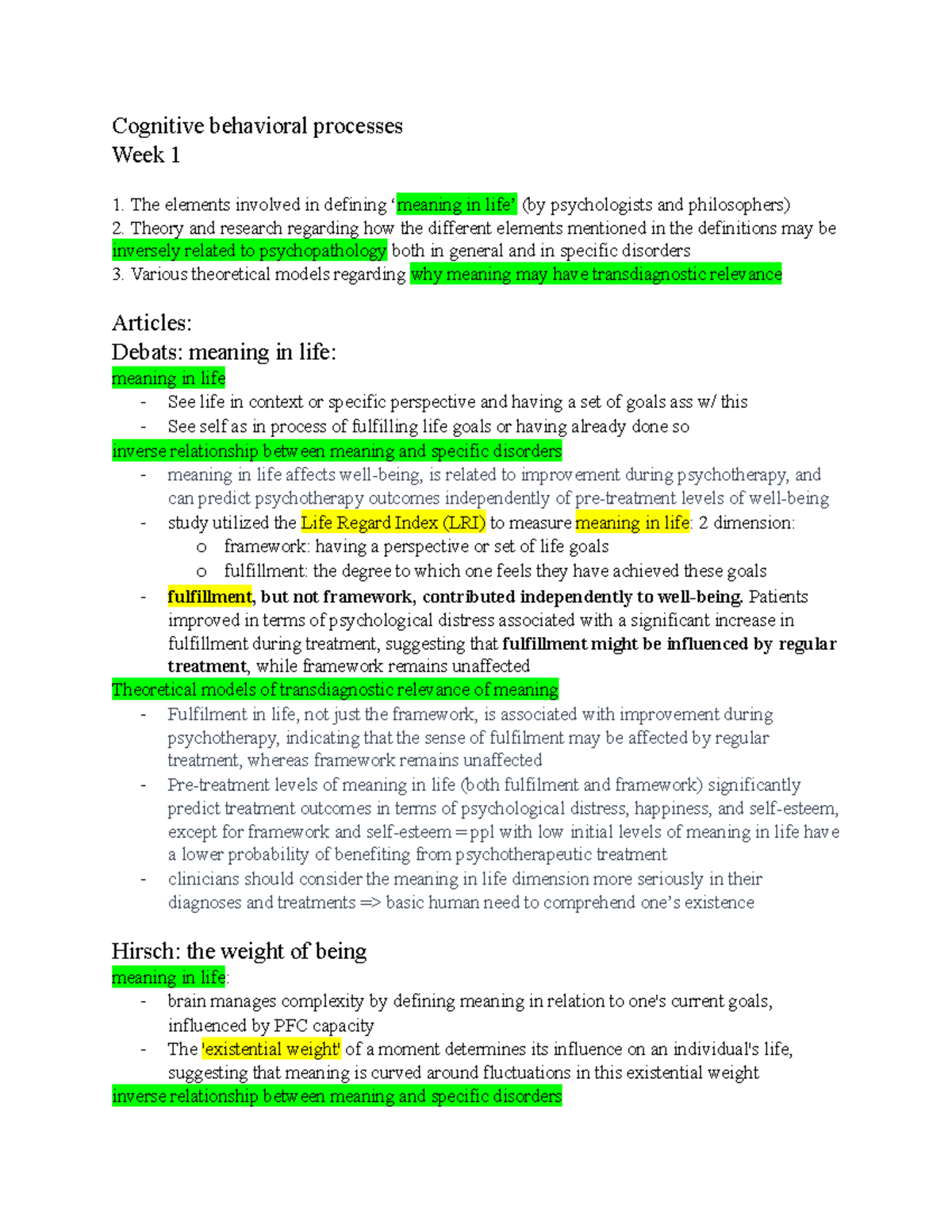 Cog Beh Processes: Comprehensive Summary of Meaning in Life and ...