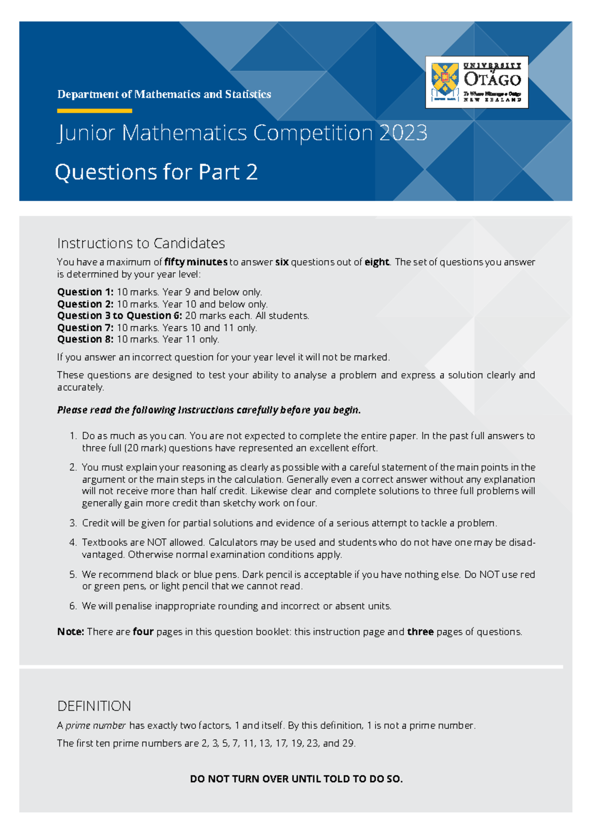 Junior Mathematics Competition 2023 - University of Otago Questions ...