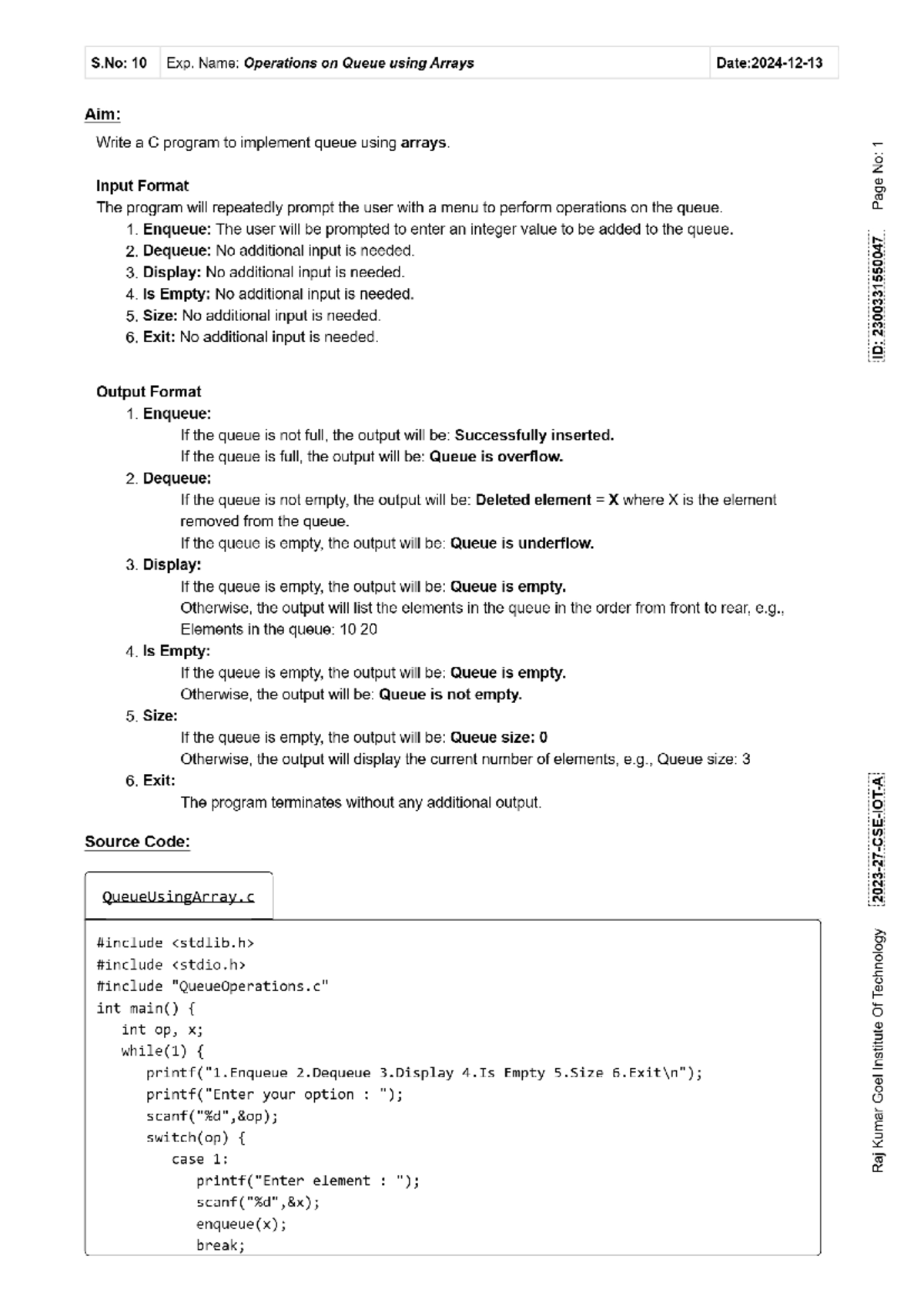Codes of data structures - S: 10 Exp. Name: Operations on Queue using ...