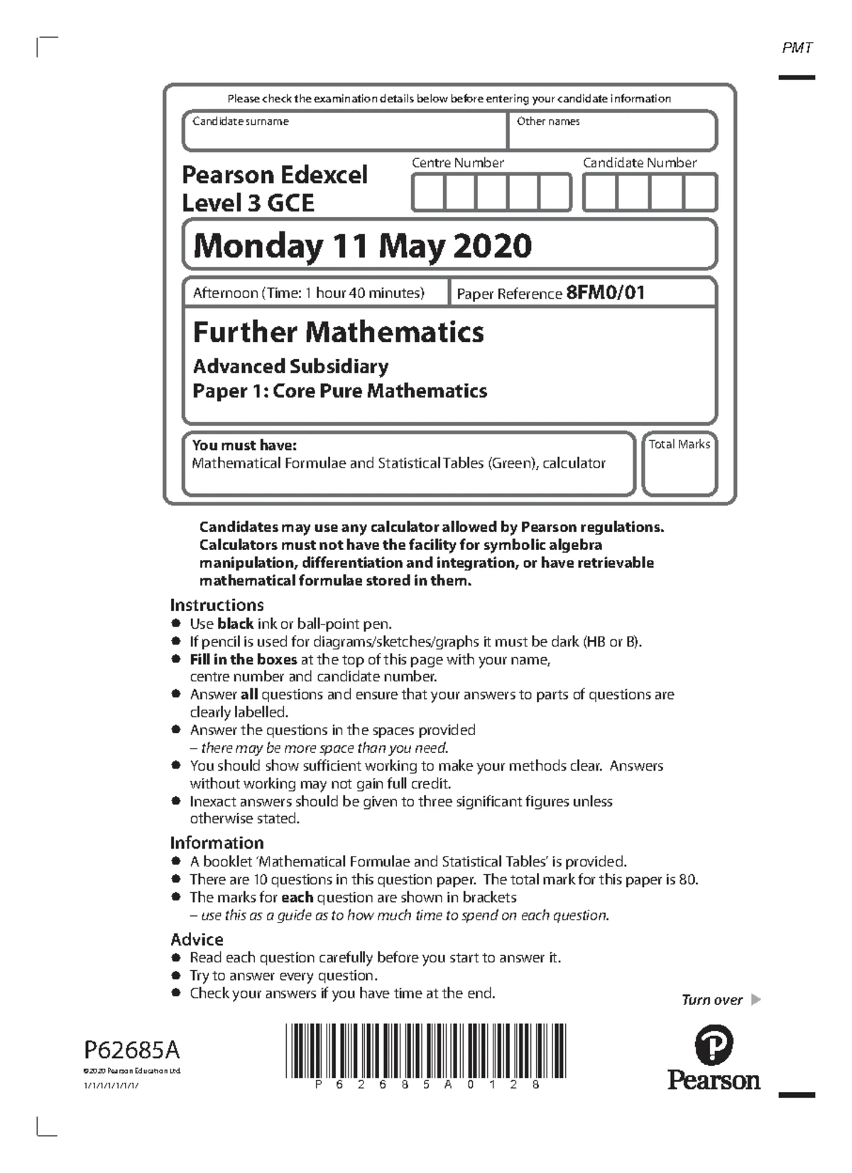 June 2021 QP - Edexcel Level 3 GCE Further Maths Paper 1 Exam Details ...