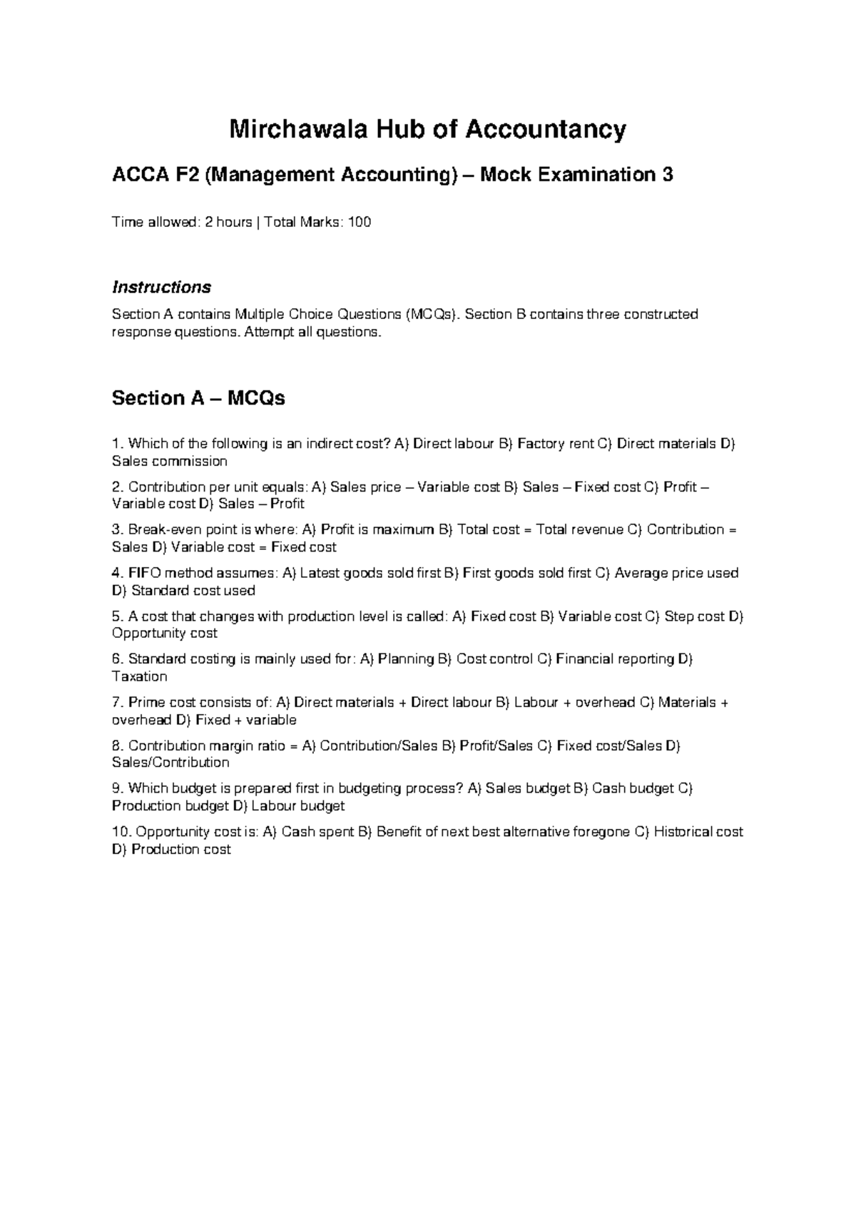 Mirchawala ACCA F2 Management Accounting Mock Exam 3 - Studocu