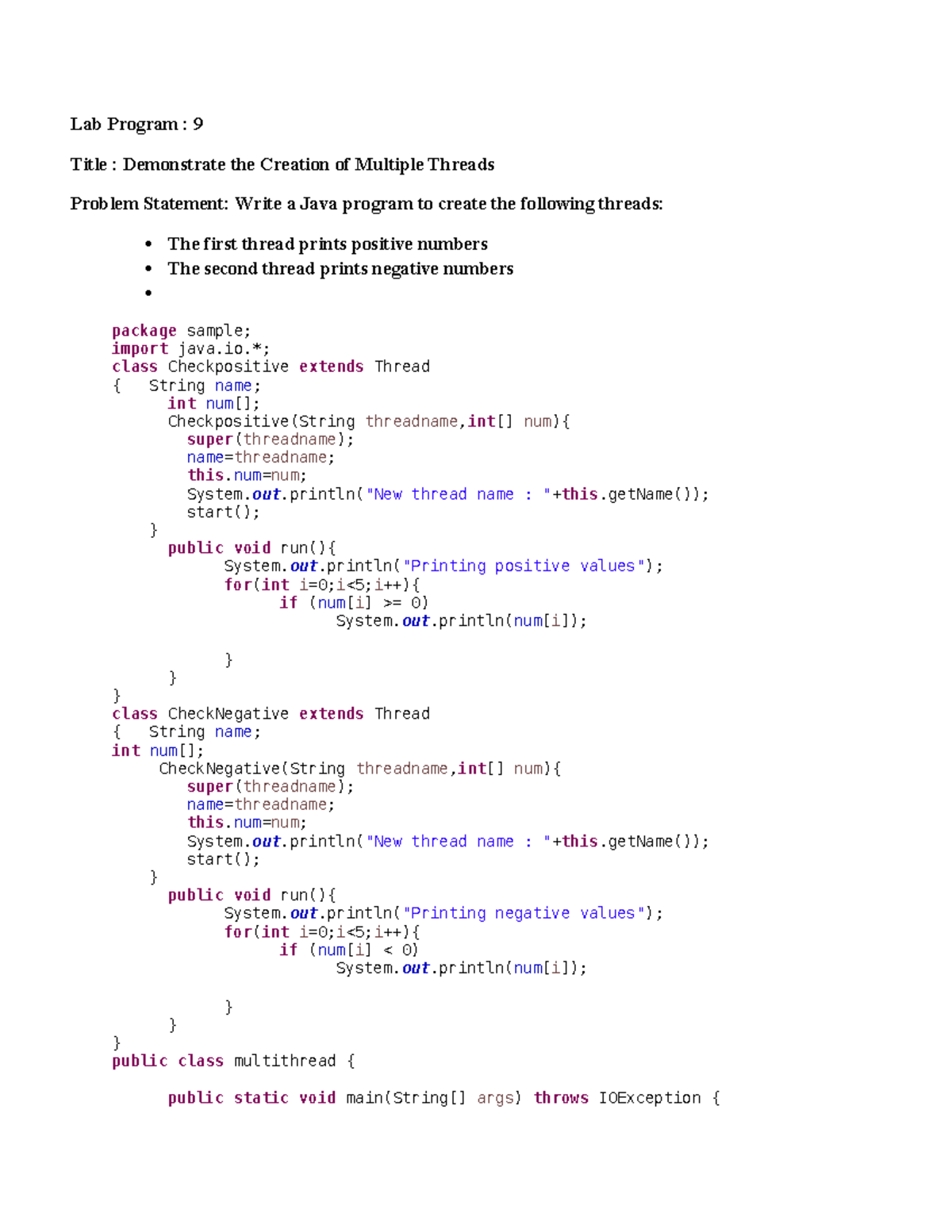 Lab Program: Multithreading in Java - Creating Multiple Threads - Studocu