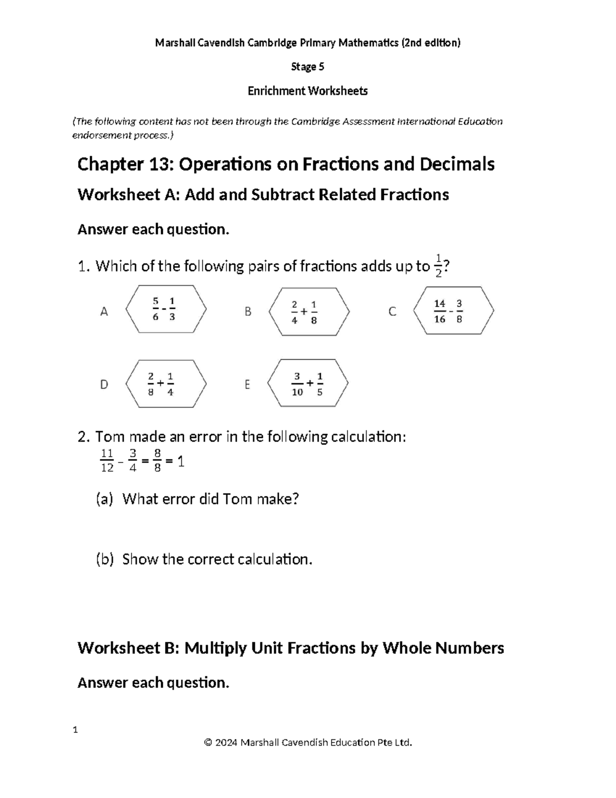 Cambridge Primary Maths 2E Stage 5 Enrichment Worksheets: Chapter 13 ...