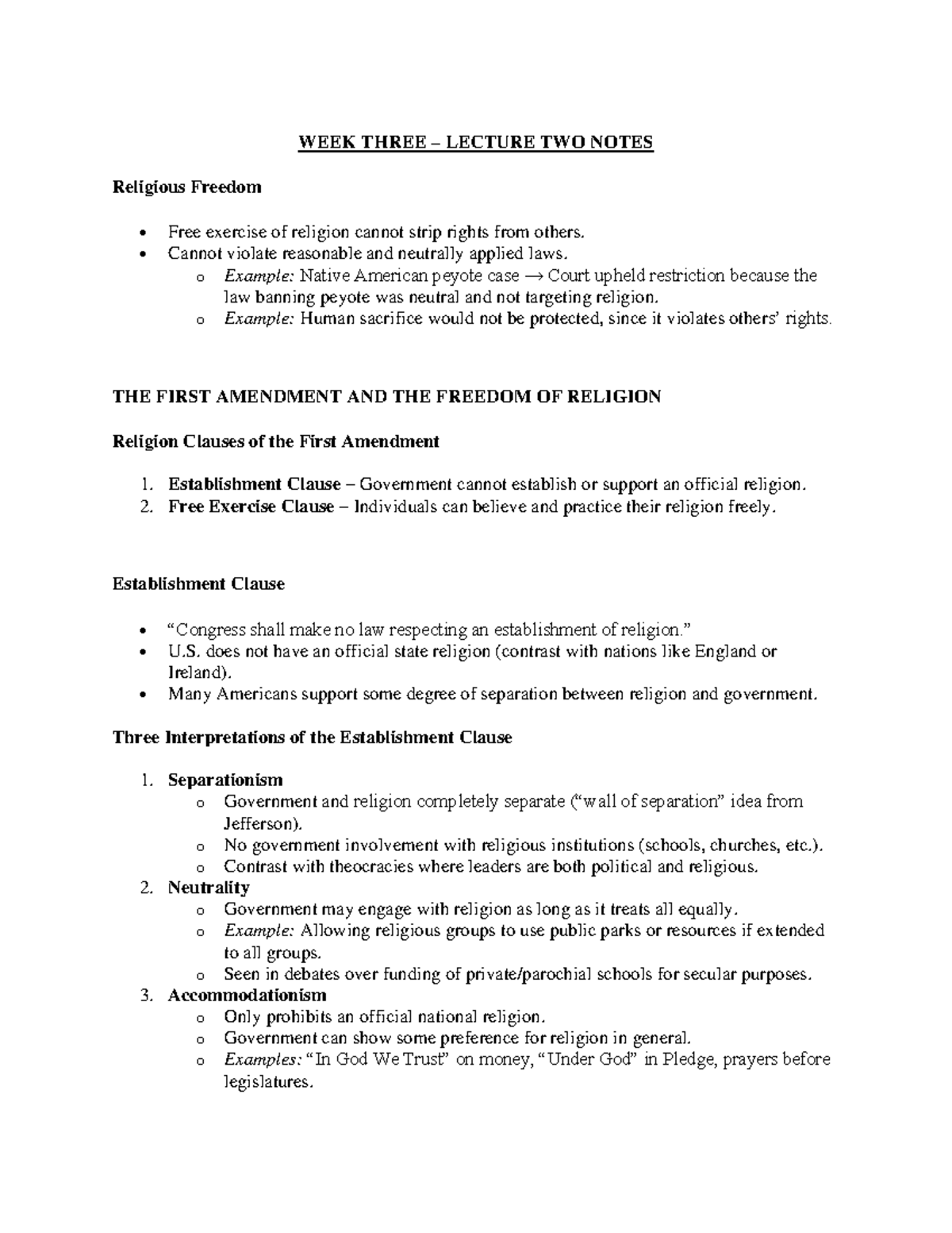WEEK THREE LECTURE TWO NOTES: First Amendment Rights Overview - Studocu