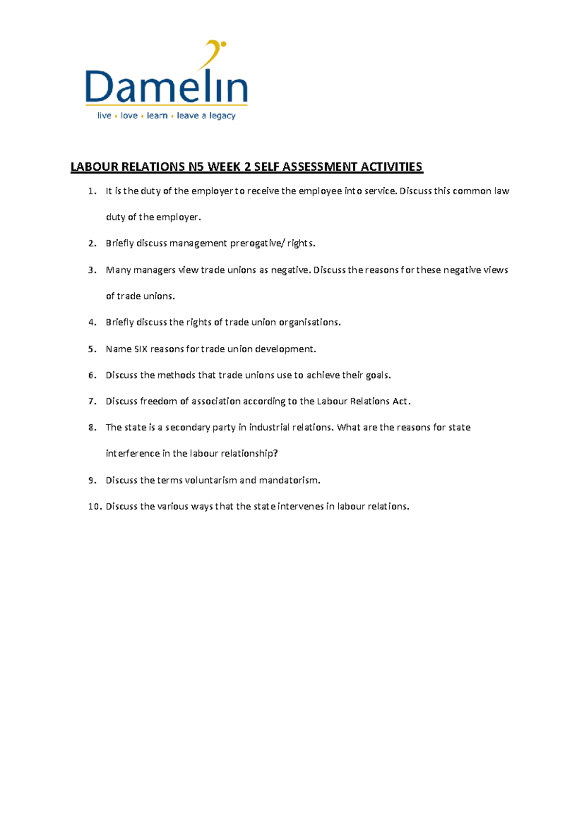 Labour Relations N5 Week 2 Self Assessment Activities Guide - Studocu