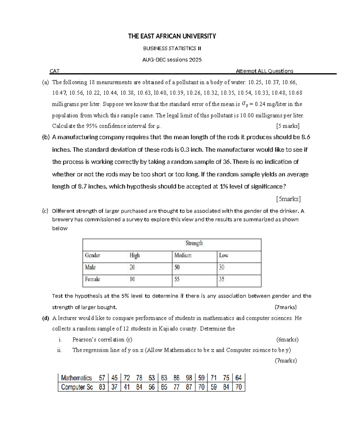 BUS 202: Business Statistics II - 2025 CAT Questions & Solutions - Studocu