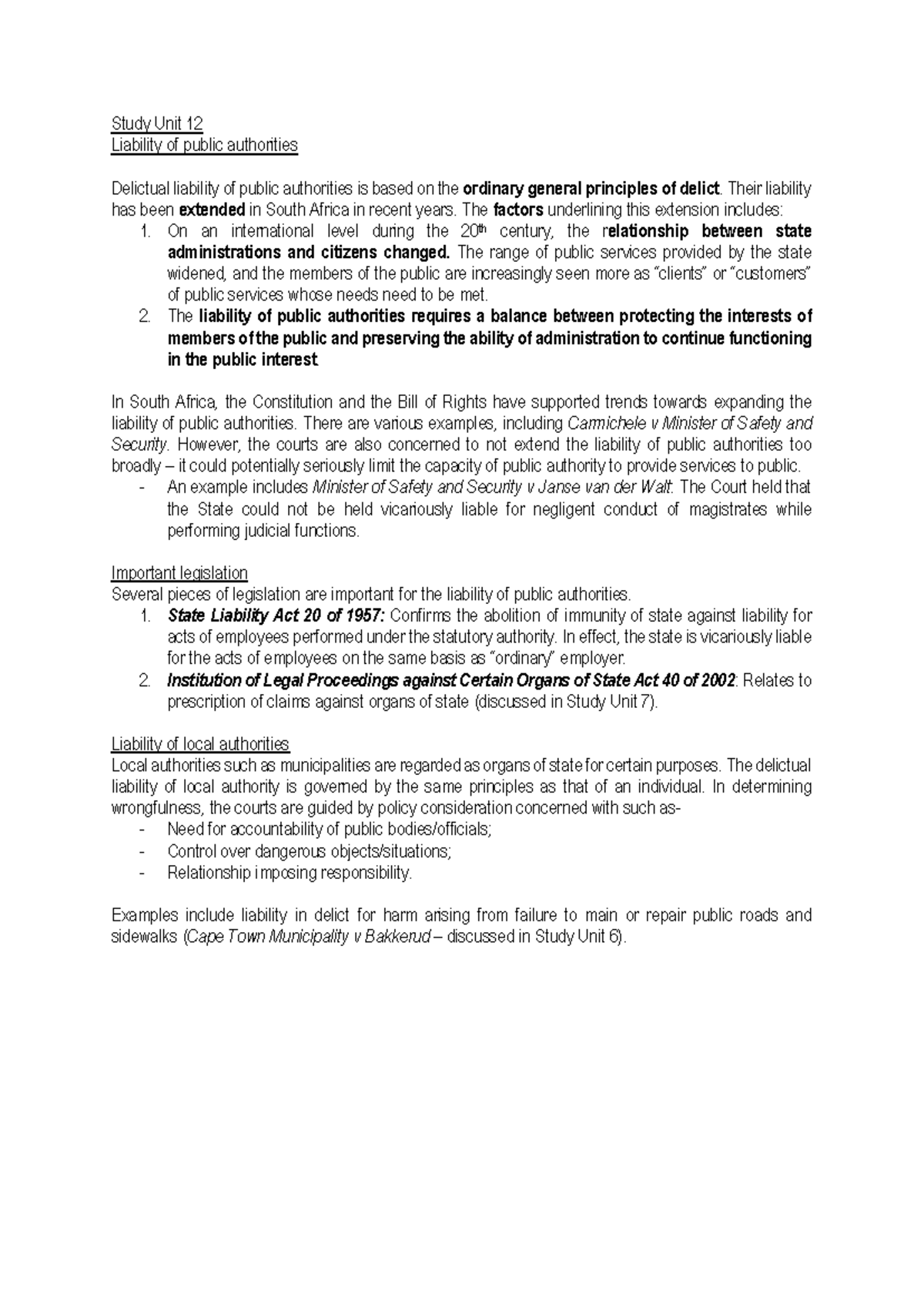 Study Unit 12: Delictual Liability of Public Authorities in SA - Studocu
