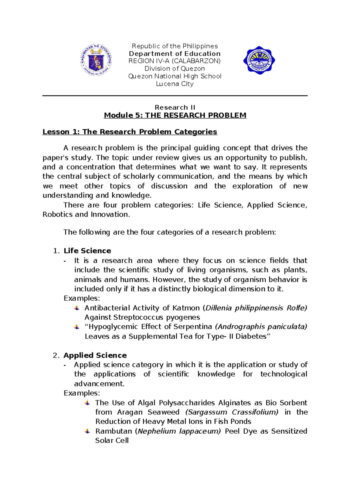 Module 5: Understanding the Research Problem Categories in Research II ...