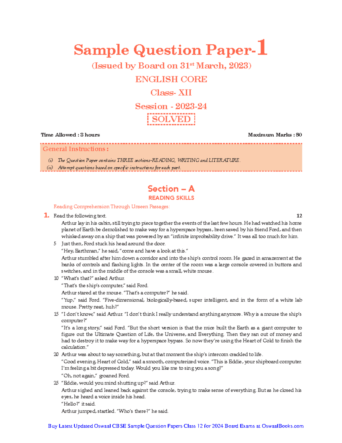 CBSE Class XII English Core Solved Sample Question Paper - SQP-1 - Studocu