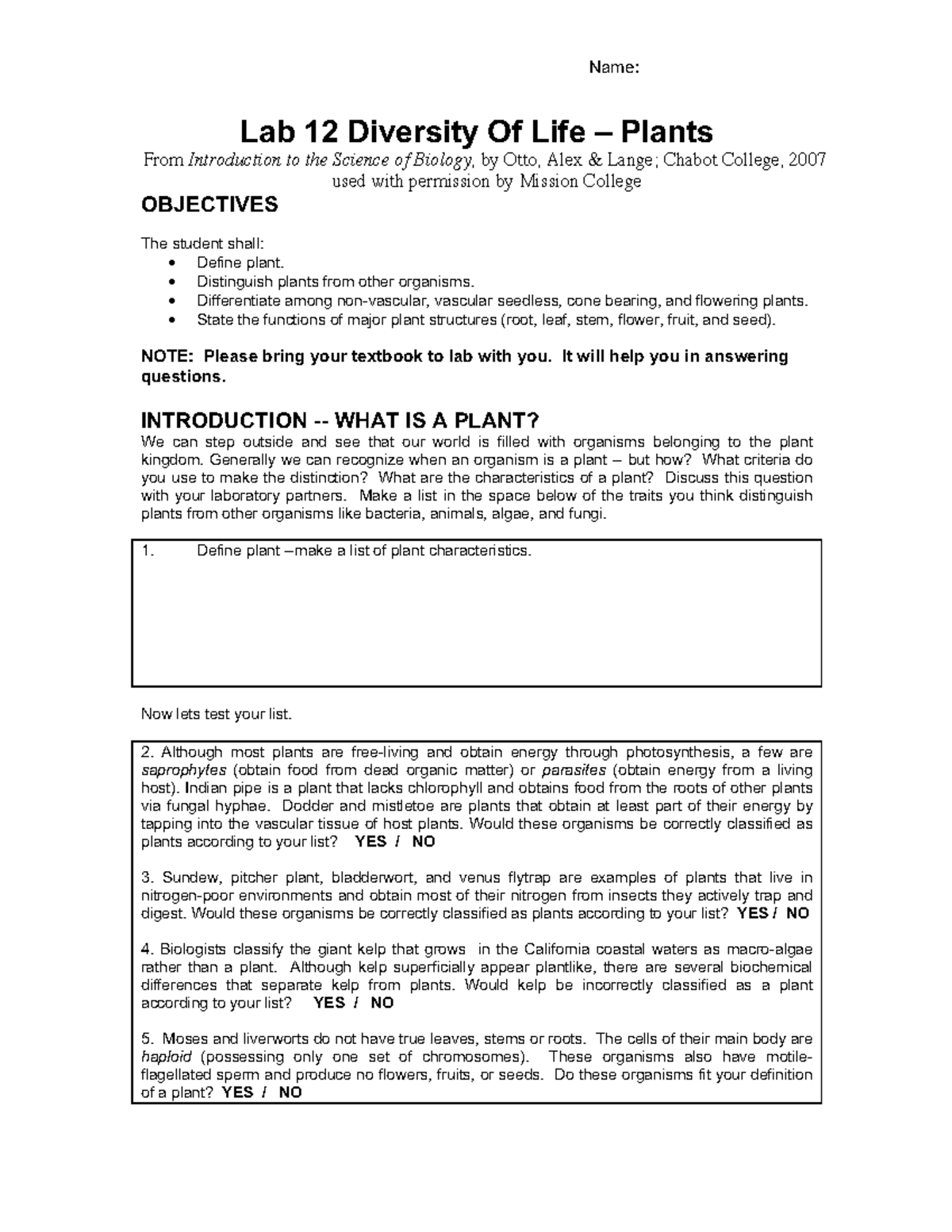 Lab 12: Diversity Of Life – Plants Worksheet for BIO10 - Studocu