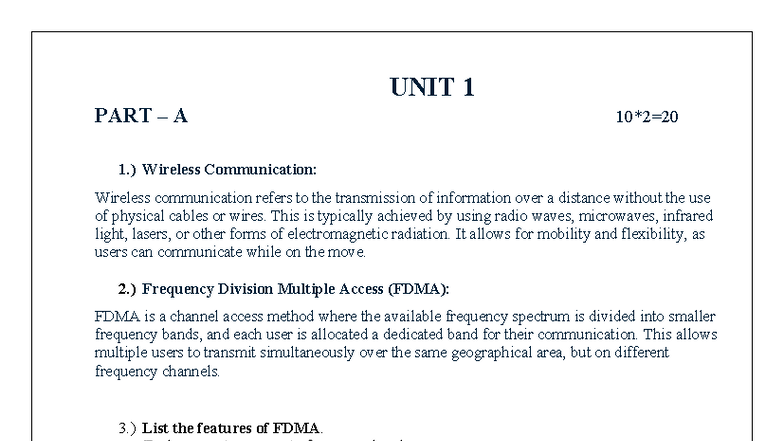 GCT 1 Unit 1: Wireless Communication & FDMA Overview Notes - Studocu