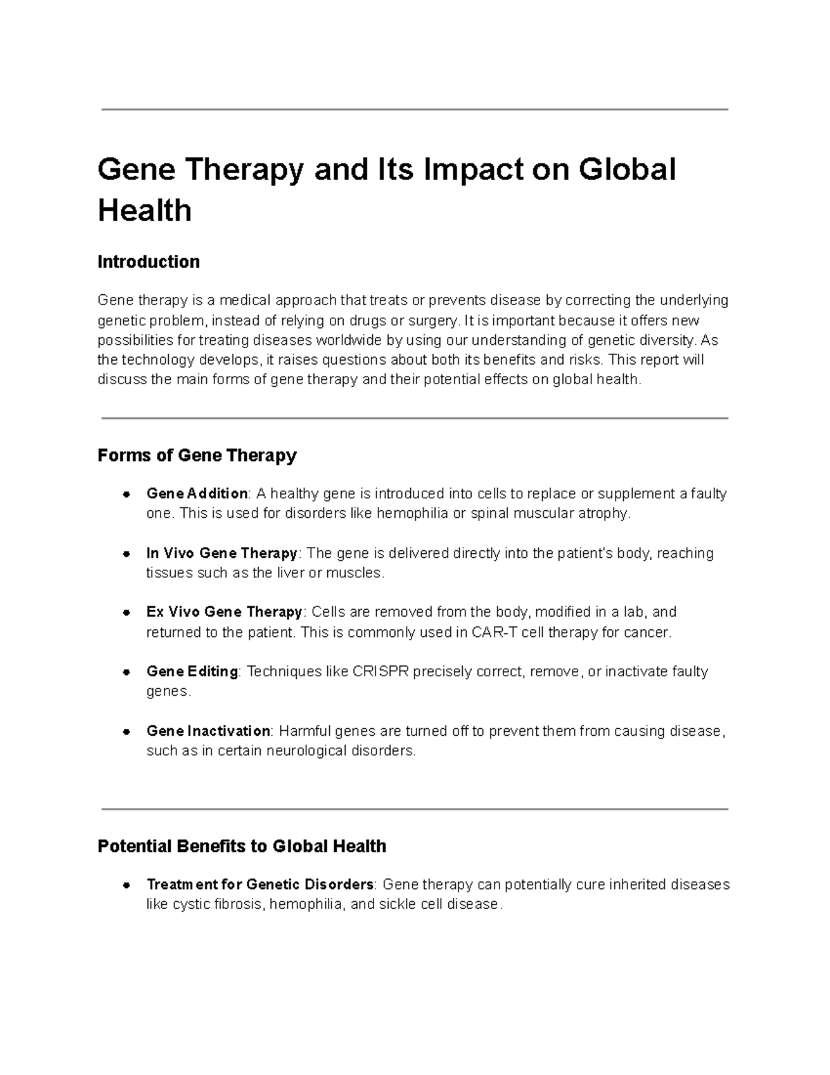 Gene Therapy and Its Global Health Implications: STS 101 Report - Studocu