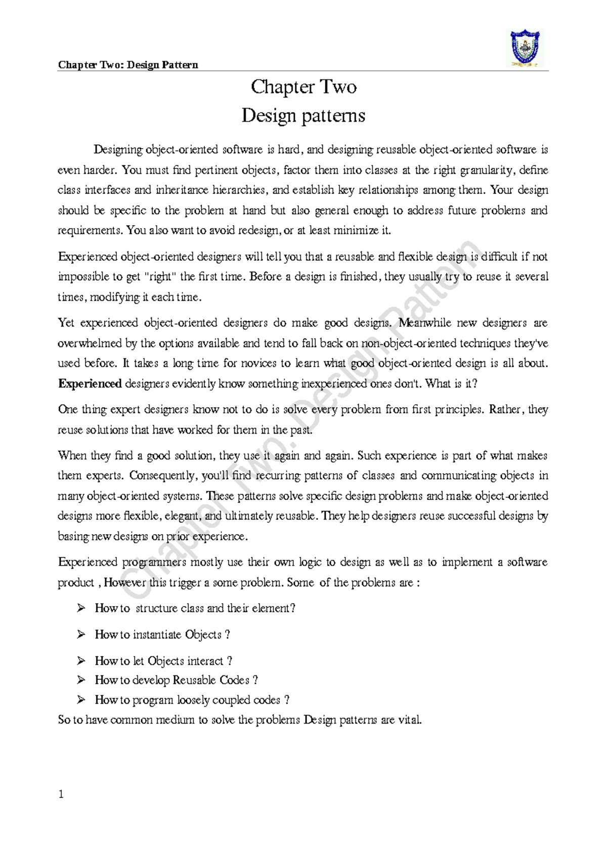 Handout - Lecture notes 2 - Chapter Two Design patterns Designing ...