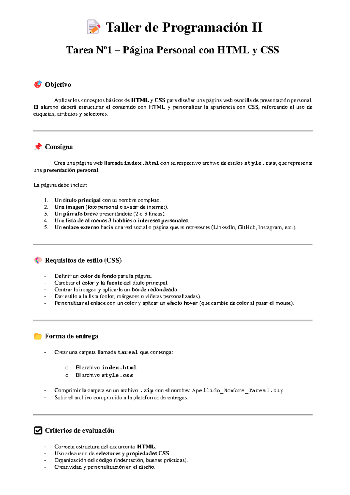 Taller de Programación II - Tarea 1: Página Personal con HTML y CSS ...