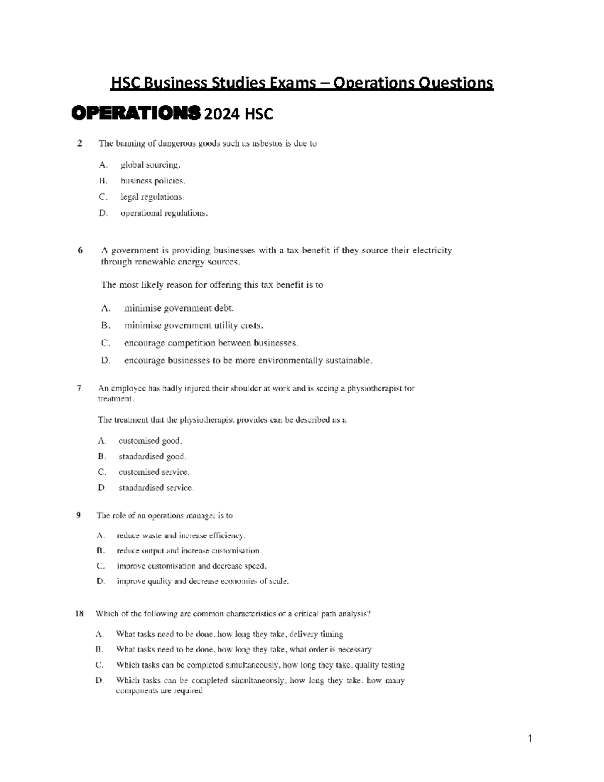 HSC Business Studies Operations Exam Questions 2015-2024 - Studocu