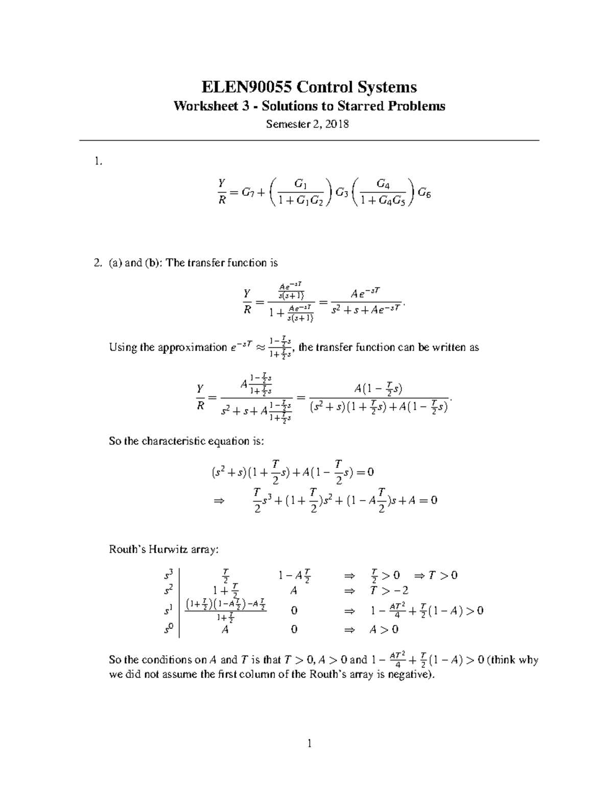 ELEN90055 Control Systems Worksheet 3 Solutions - Semester 2, 2018 ...