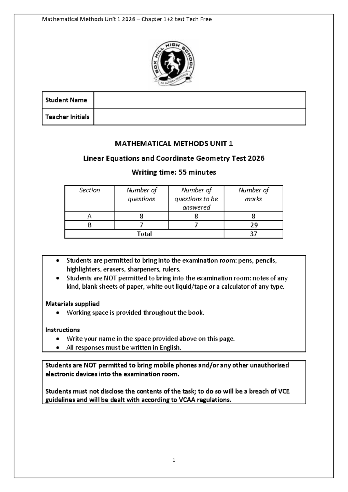 Mathematical Methods Unit 1 2026 Chapter Test: Linear Equations ...