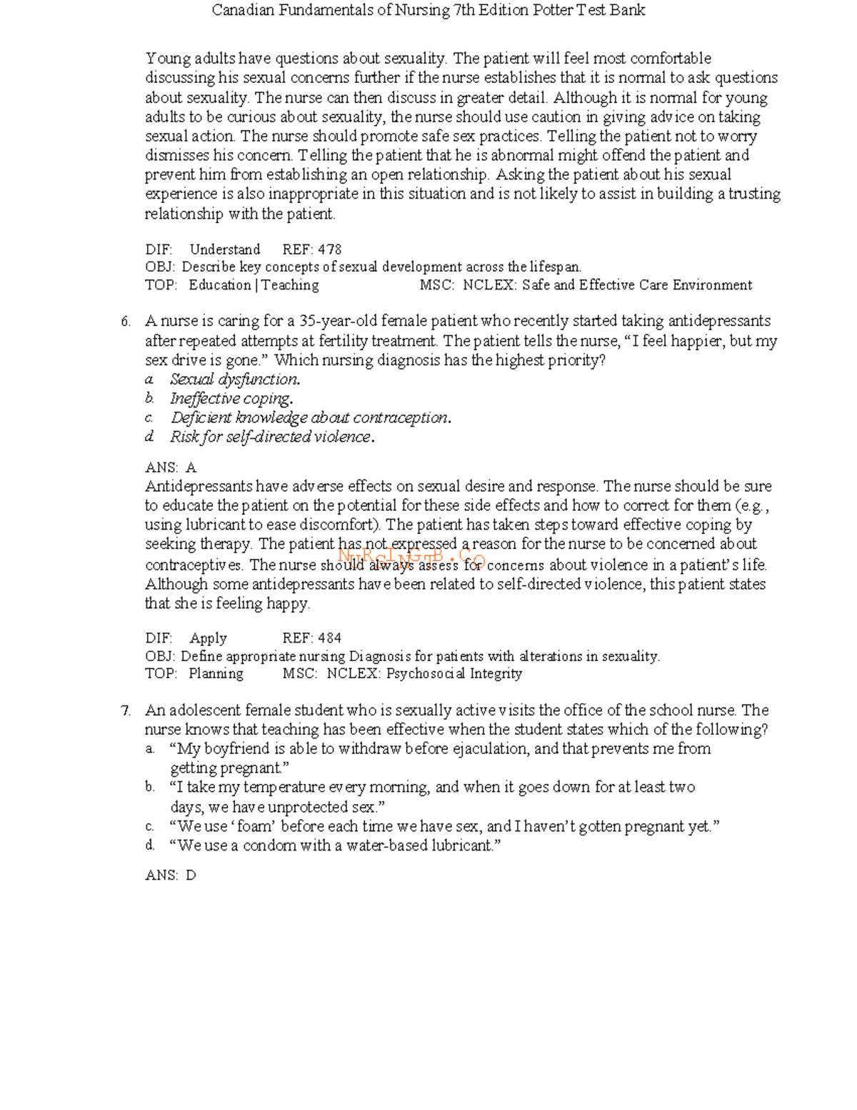 Canadian Fundamentals of Nursing 7th Ed. Potter Test Bank on Sexuality ...