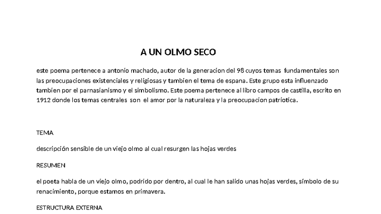 A UN OLMO SECO - Análisis y Comentario del Poema de Machado - Studocu