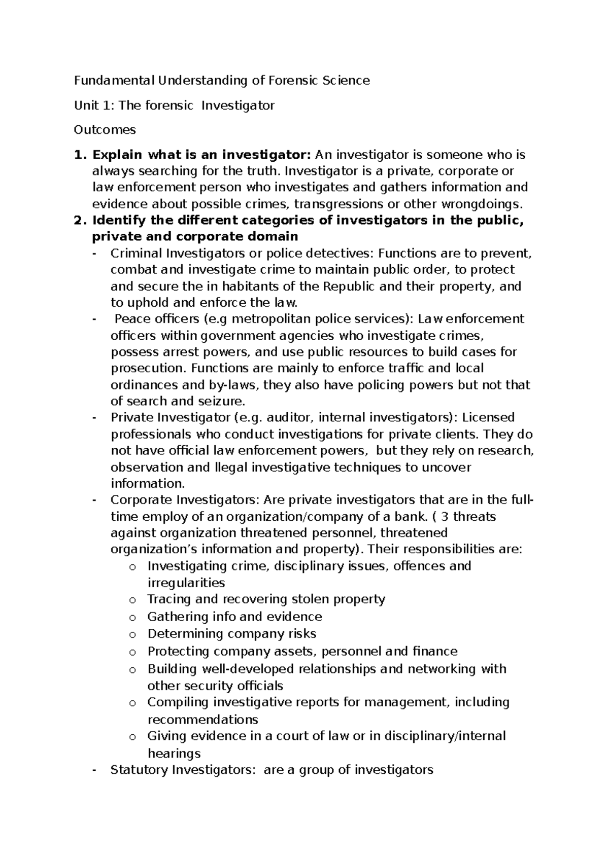 FOR1501 - Unit 1: Understanding Forensic Investigators and Their Roles ...