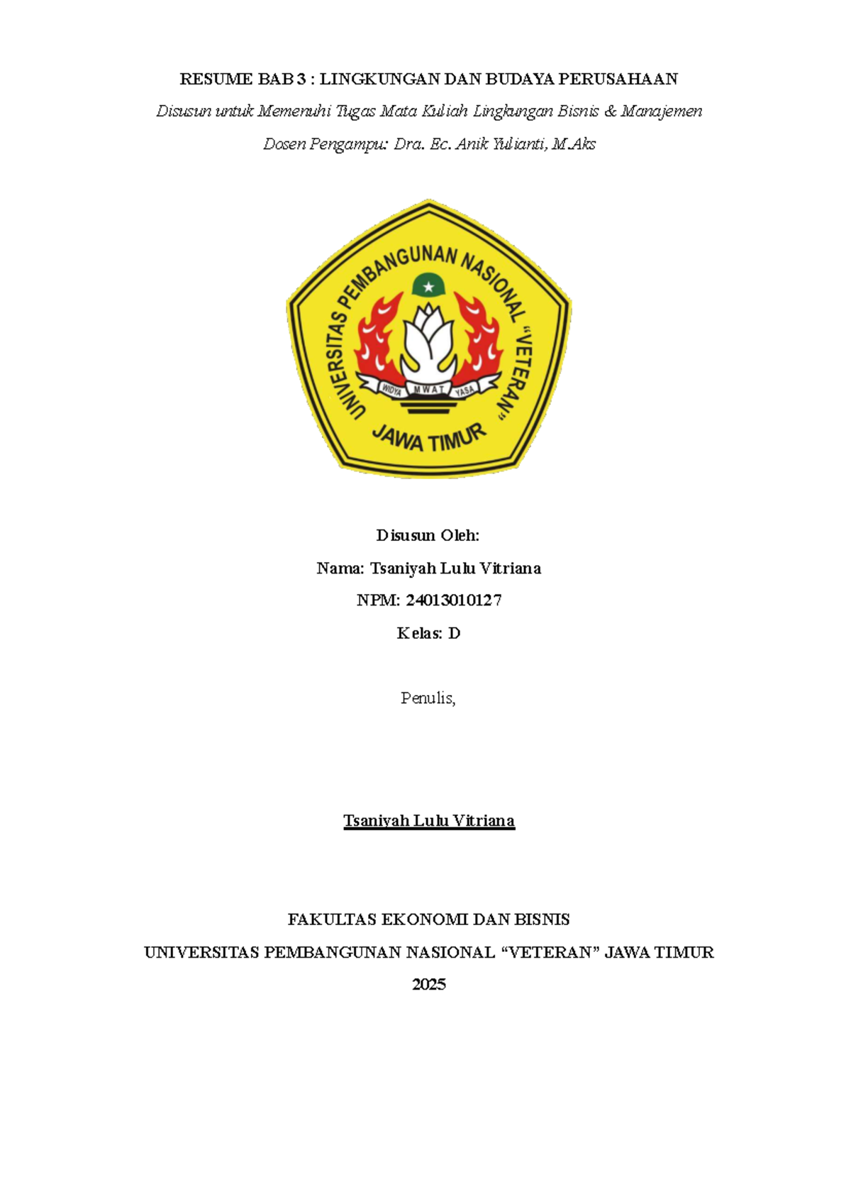 RMK BAB 3 Ling Bis - Ringkasan Lingkungan dan Budaya Perusahaan - Document Preview