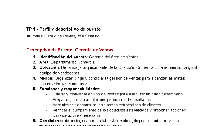 TP 1 Descripción del Puesto: Gerente de Ventas y Requisitos - Studocu