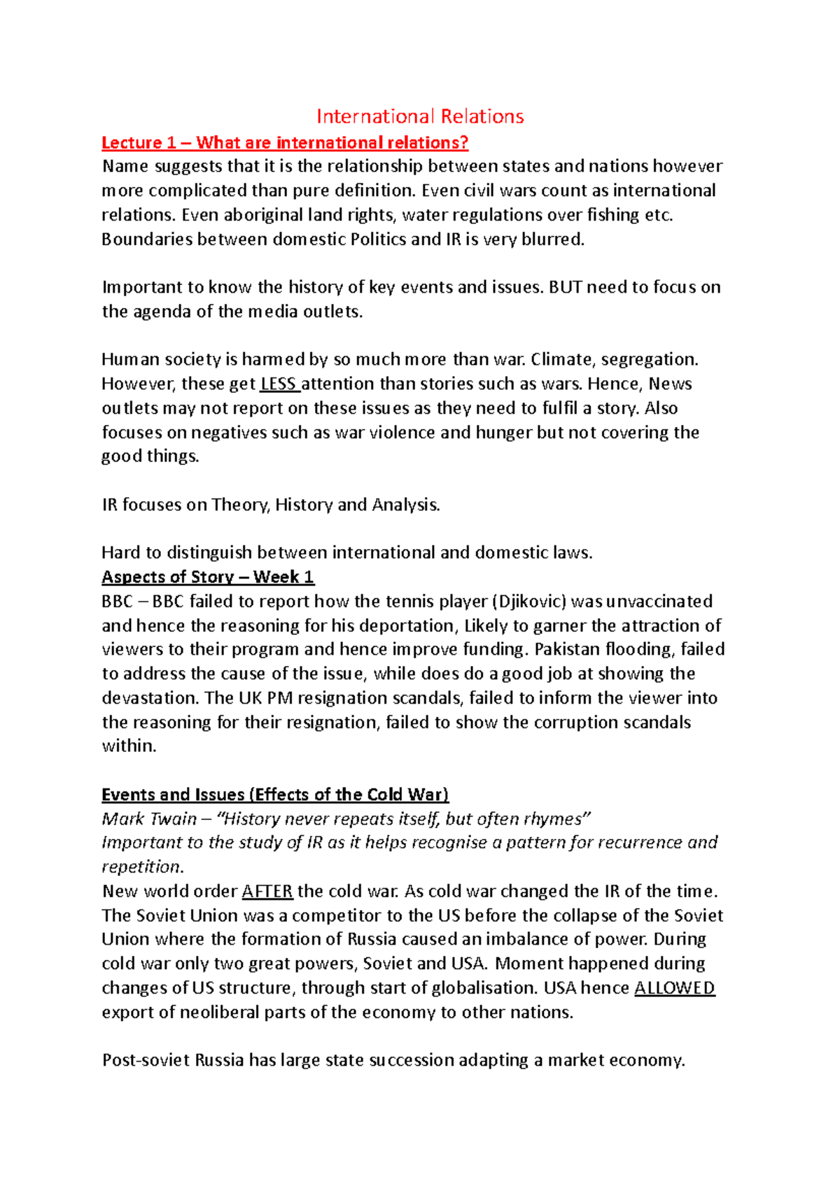 International Relations - Notes - International Relations Lecture 1 ...