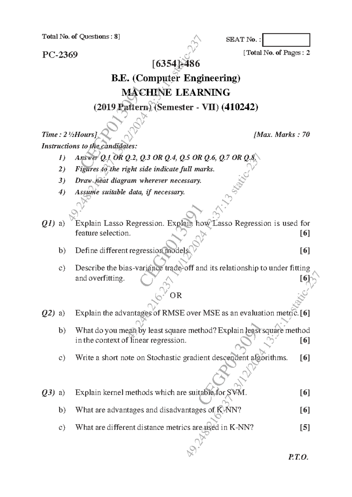 B.E. (Comp Eng) Machine Learning Exam QP (410242) Nov-Dec 2024 - Studocu