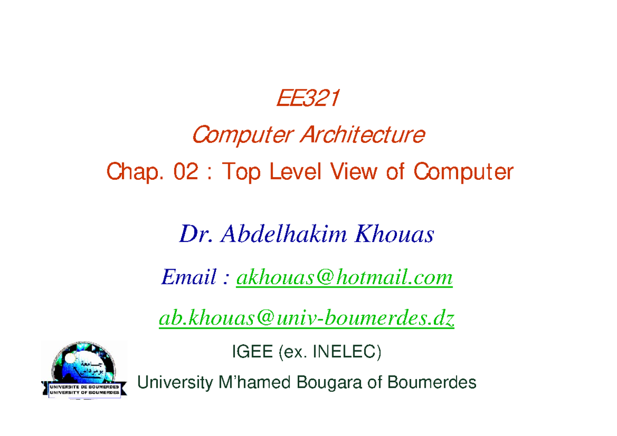 EE321 Chapter 02: Top Level View of Computer Architecture - Studocu