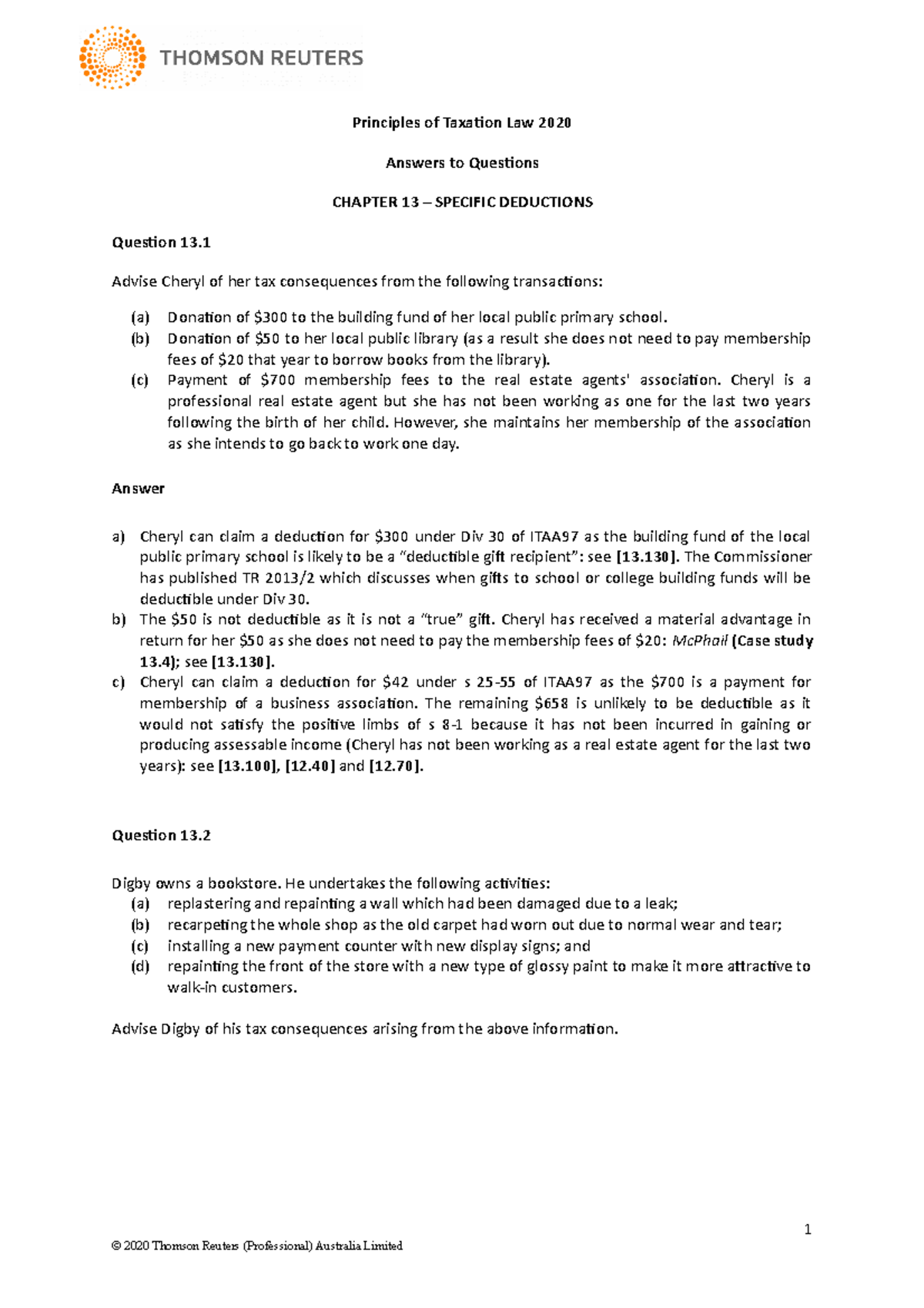 Ch 13 Answers - Principles of Taxation Law 2020 Answers to Questions ...