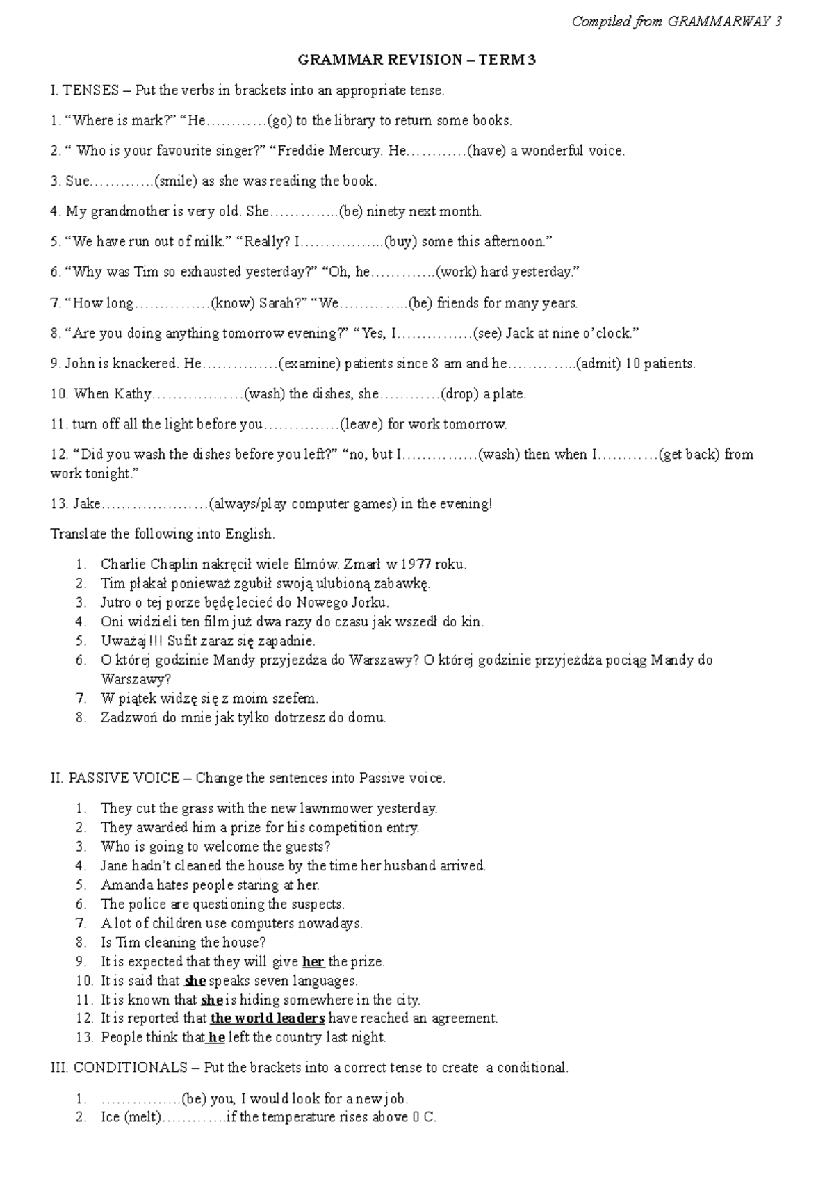 Grammar Revision term 3 - Compiled from GRAMMARWAY 3 GRAMMAR REVISION ...