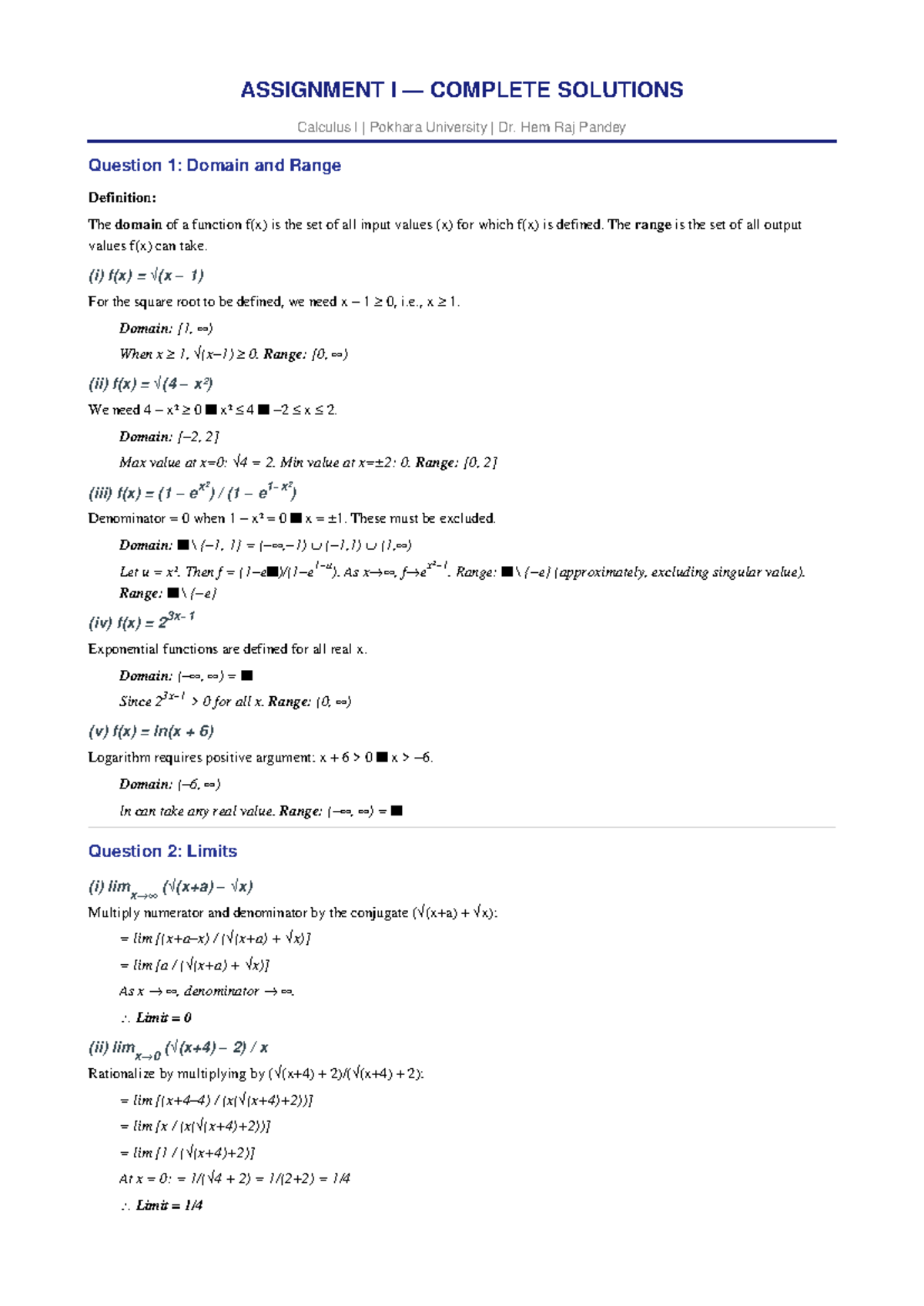 Assignment I Solutions for Calculus I - Pokhara University - Studocu