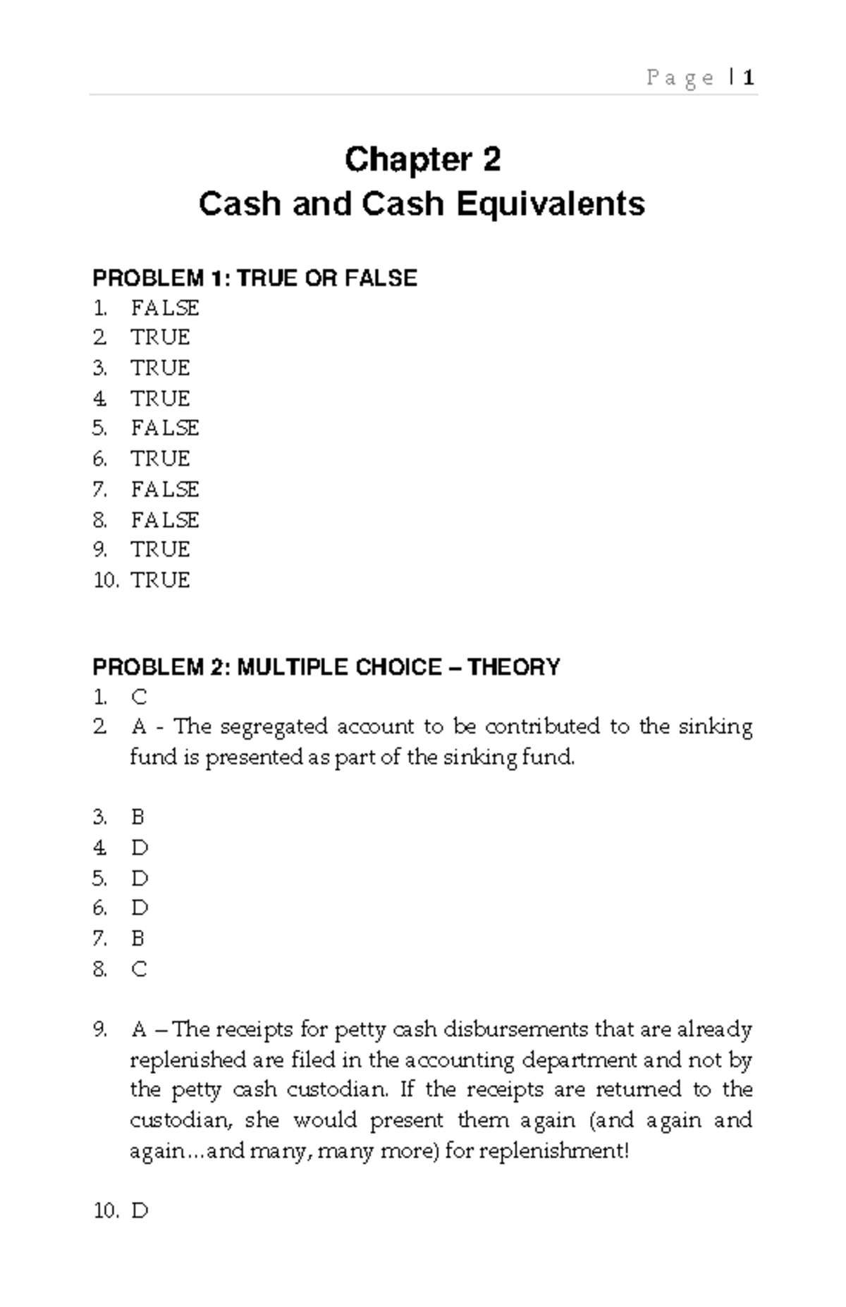 SOLMAN CHAPTER 2: CASH & CASH EQUIVALENTS - TRUE/FALSE & MCQs - Studocu