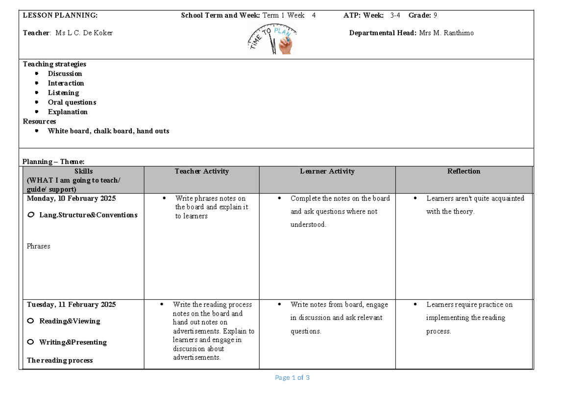 Grade 9 Lesson Plans: Term 1 Week 4 by Ms L C. De Koker - Studocu